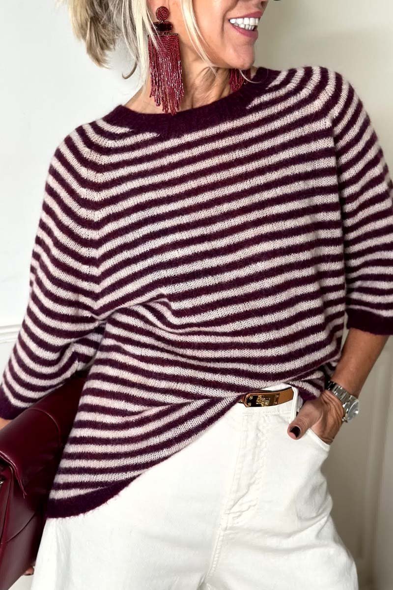 Women's Casual Loose Striped Half Sleeve Sweater