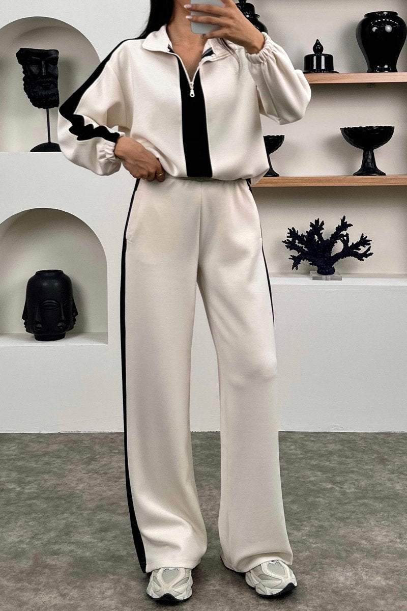 Women's Casual Contrast Color Zip Pants Suit