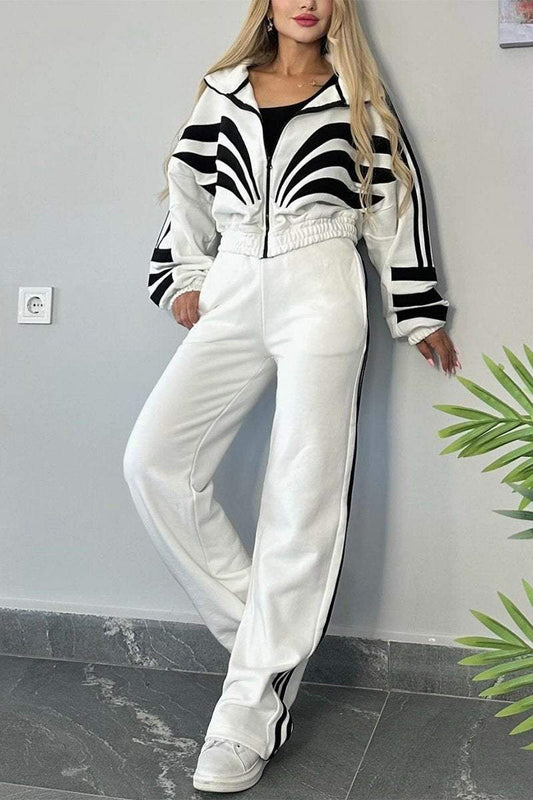 Women's Contrast Color Long Sleeve Pants Suit