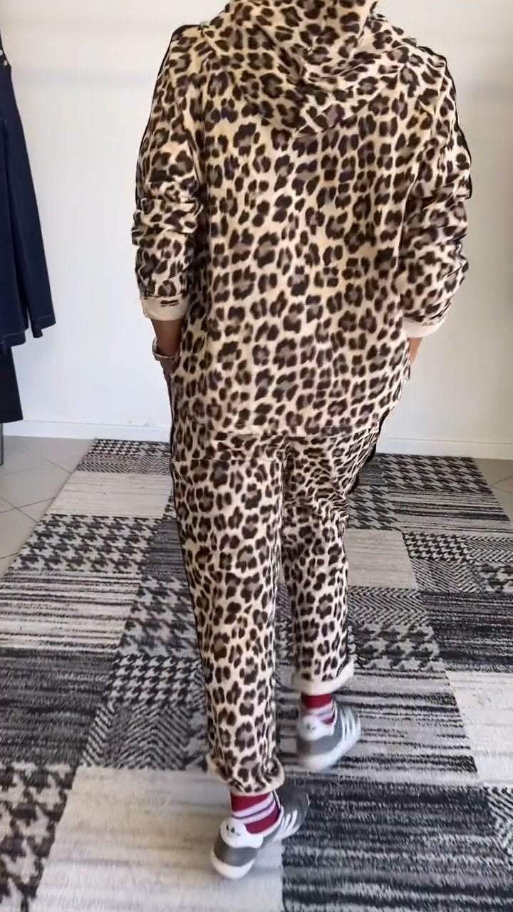 Hooded Long-sleeved Leopard Print Casual Suit