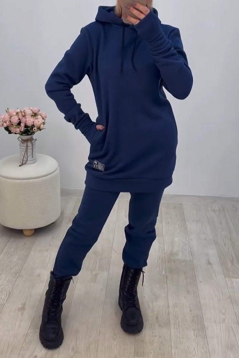 Women's Casual Hooded Solid Color Sweatshirt Two-piece Set