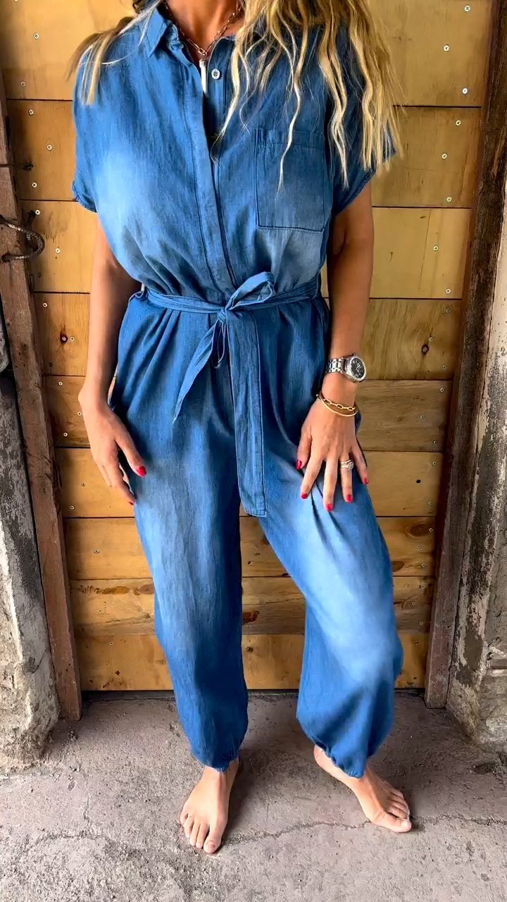 Lapel Denim Leggings Jumpsuit