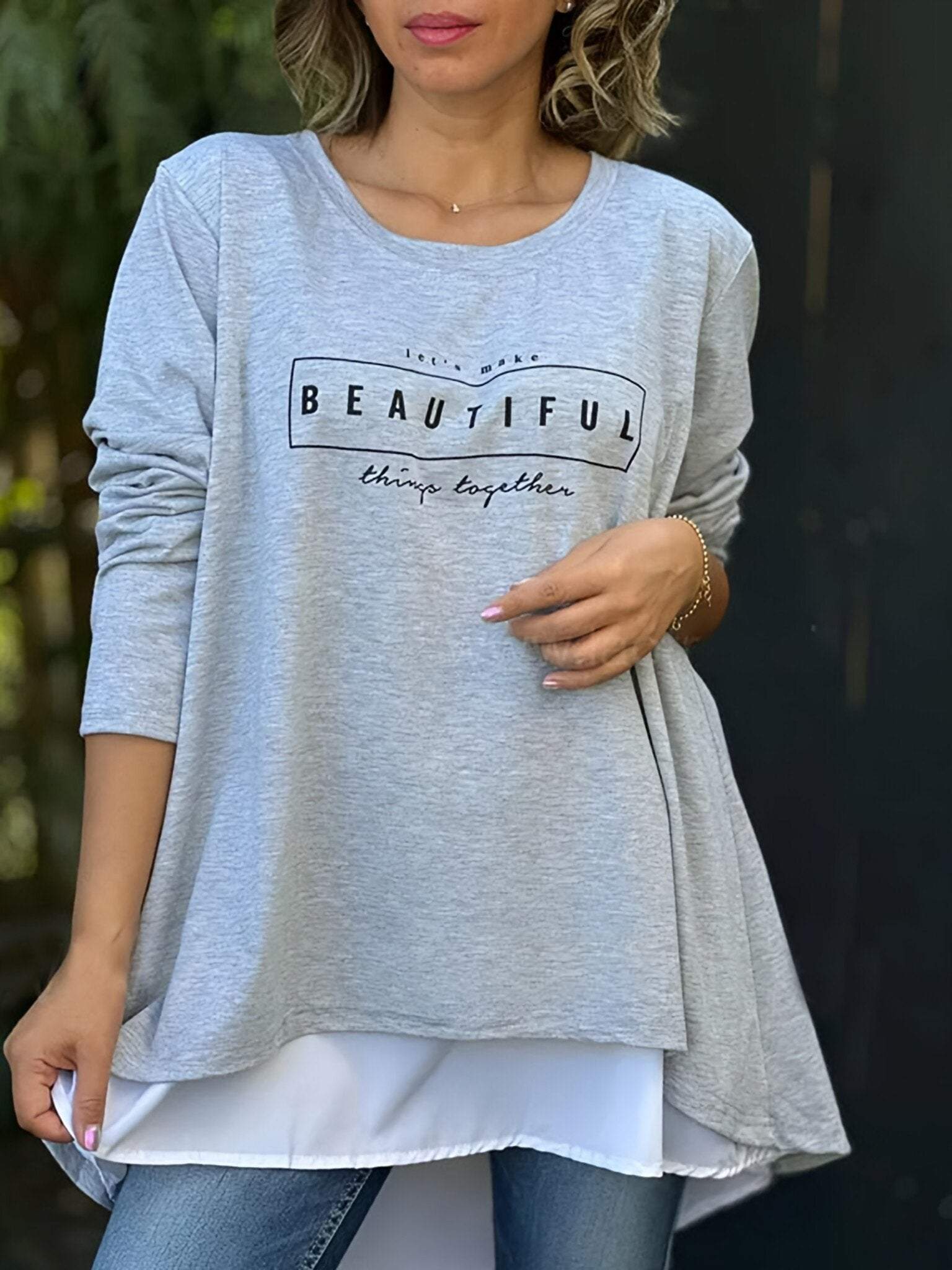 Letter Print Fake Two Piece Long Sleeve T-shirt