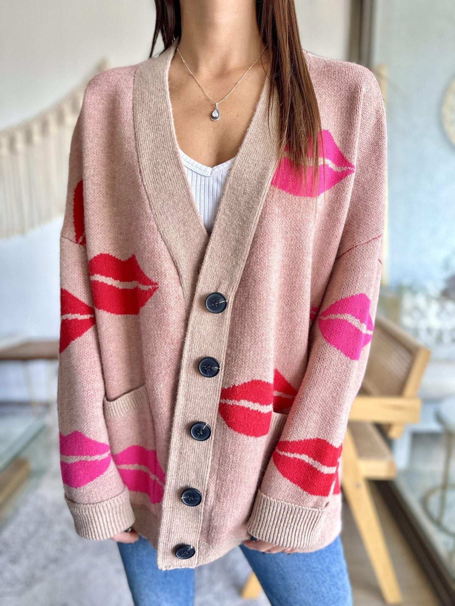 Women's Casual Lip Print Knitted Cardigan