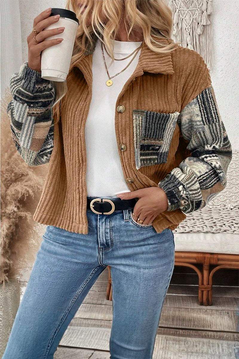 Women's Casual Corduroy Plaid Patchwork Jacket