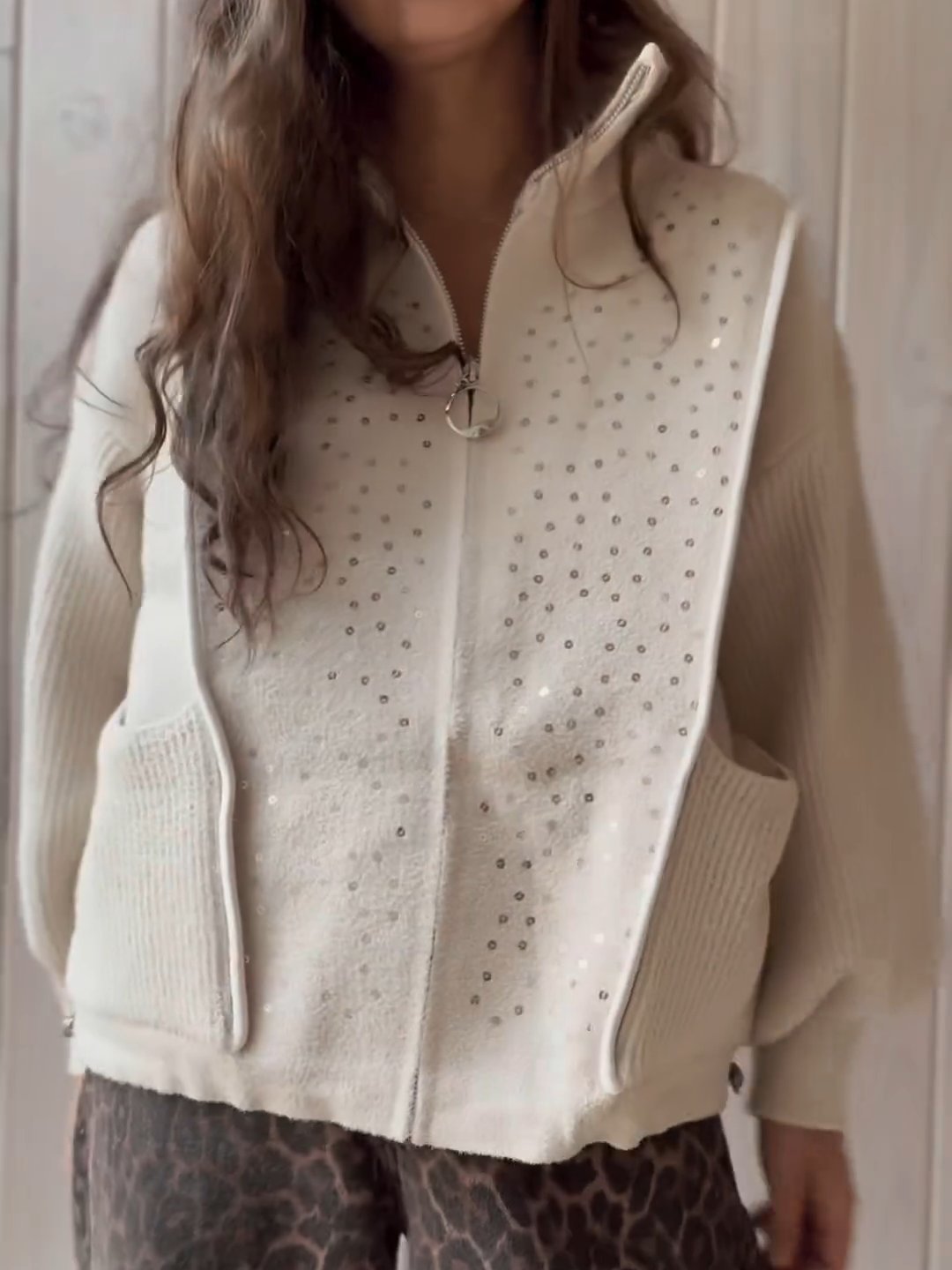 Women's Casual Pocket Sequined Knit Jacket