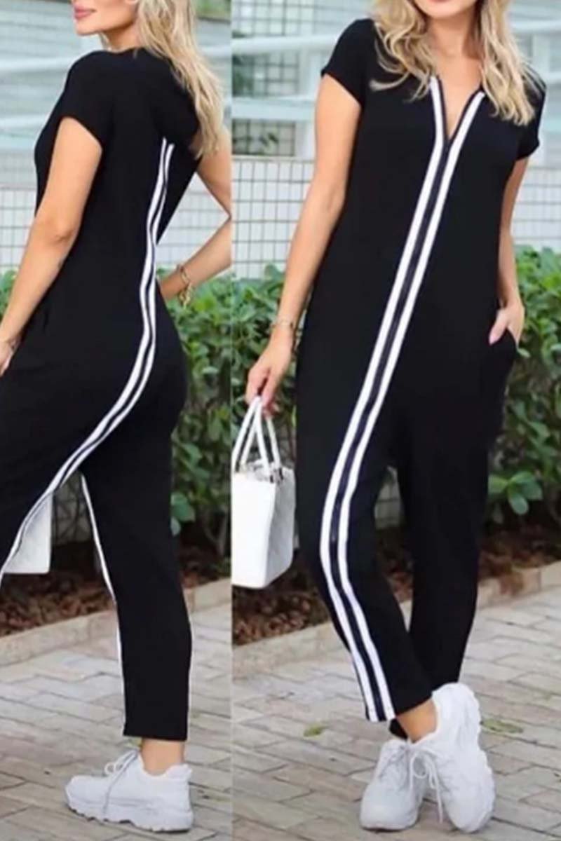 Women's Casual Contrast Zip Hooded Jumpsuit