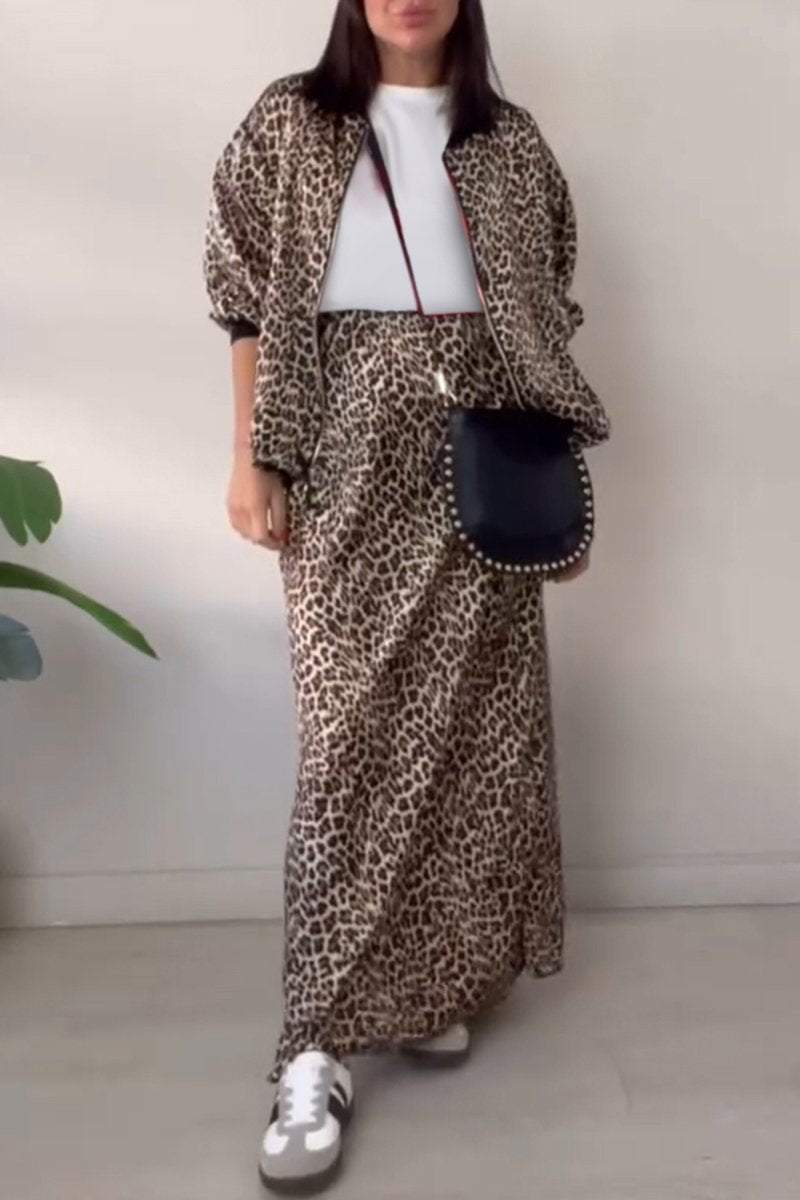 Women's Casual Round-neck Zipper Leopard Printed Two-piece Suit