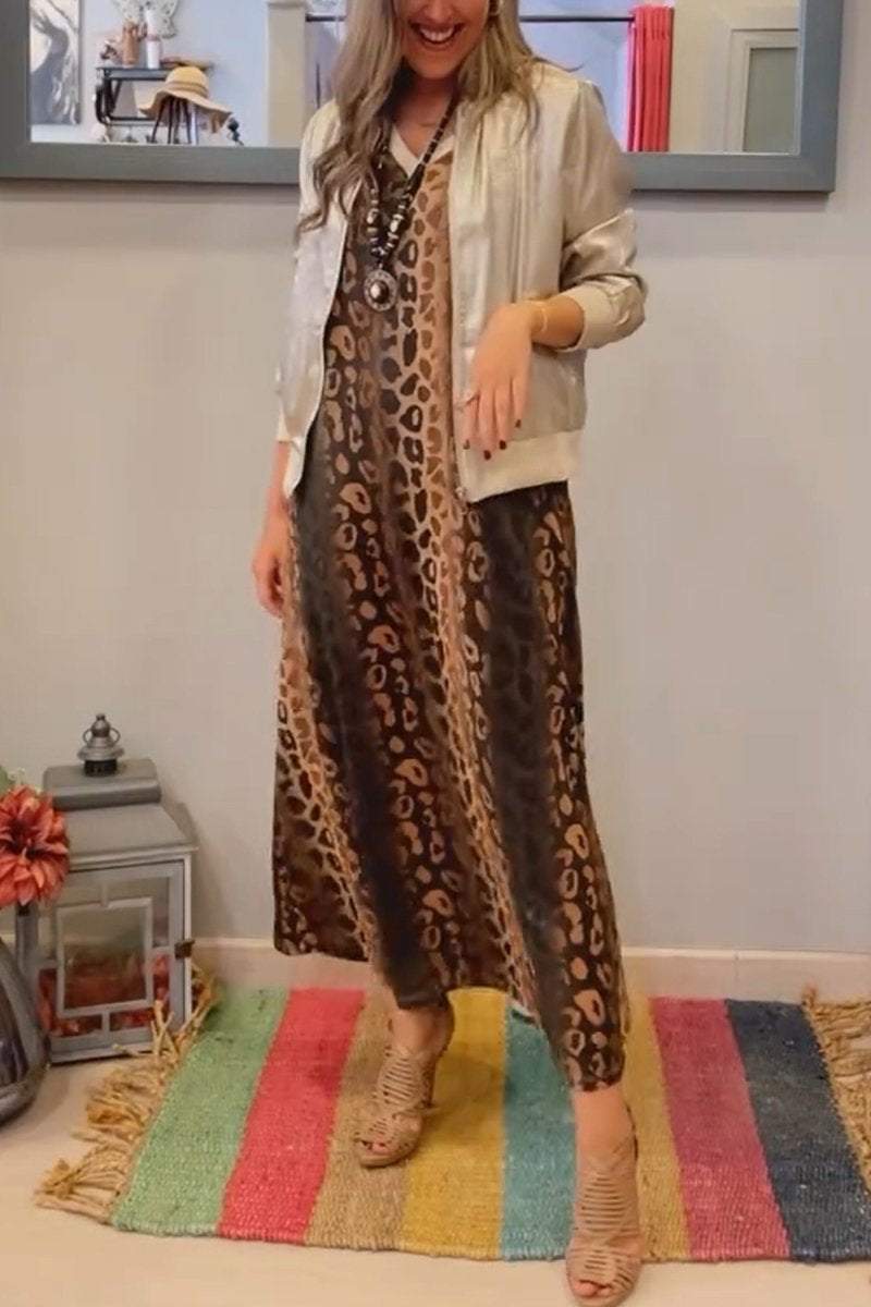 Women's Casual V-neck Leopard Printed Dress + Gold-stamped Jacket Set