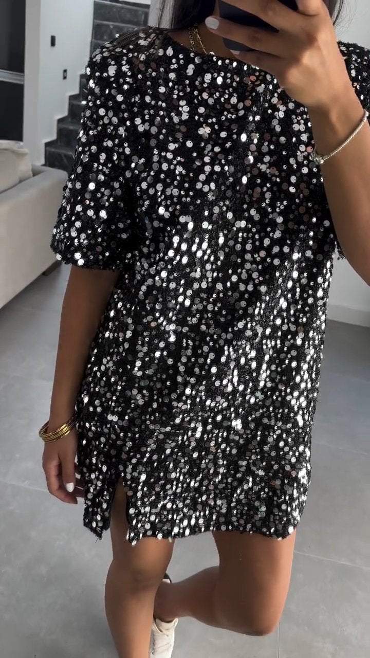 Women's Round Neck Sequined Mid-sleeve Casual Dress