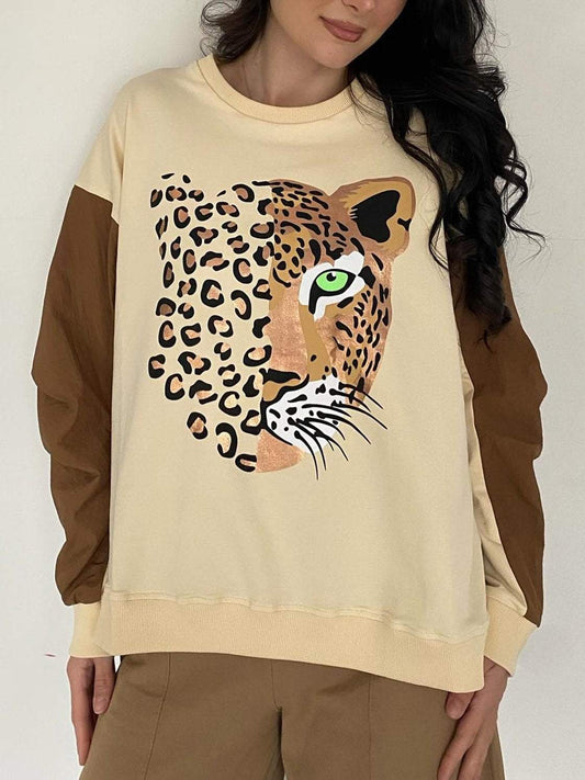 Women's Contrast Leopard Tiger Print Sweatshirt