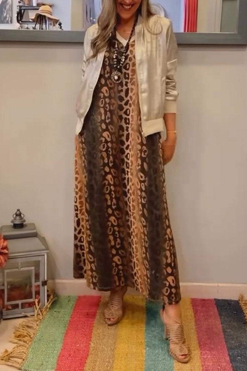 Women's Casual V-neck Leopard Printed Dress + Gold-stamped Jacket Set