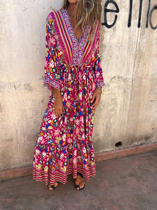 V-neck Retro Printed Long Dress