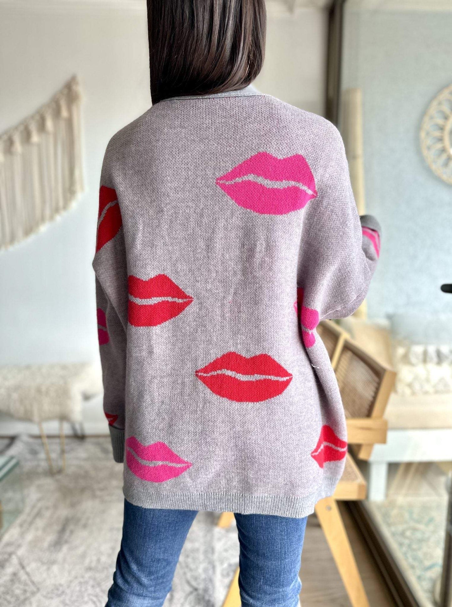 Women's Casual Lip Print Knitted Cardigan