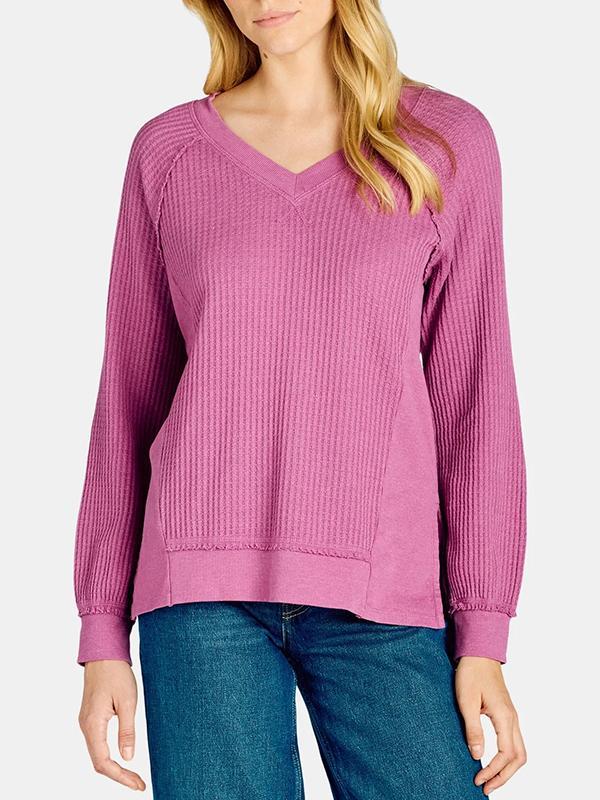 Women's V-neck Solid Color Waffle Top