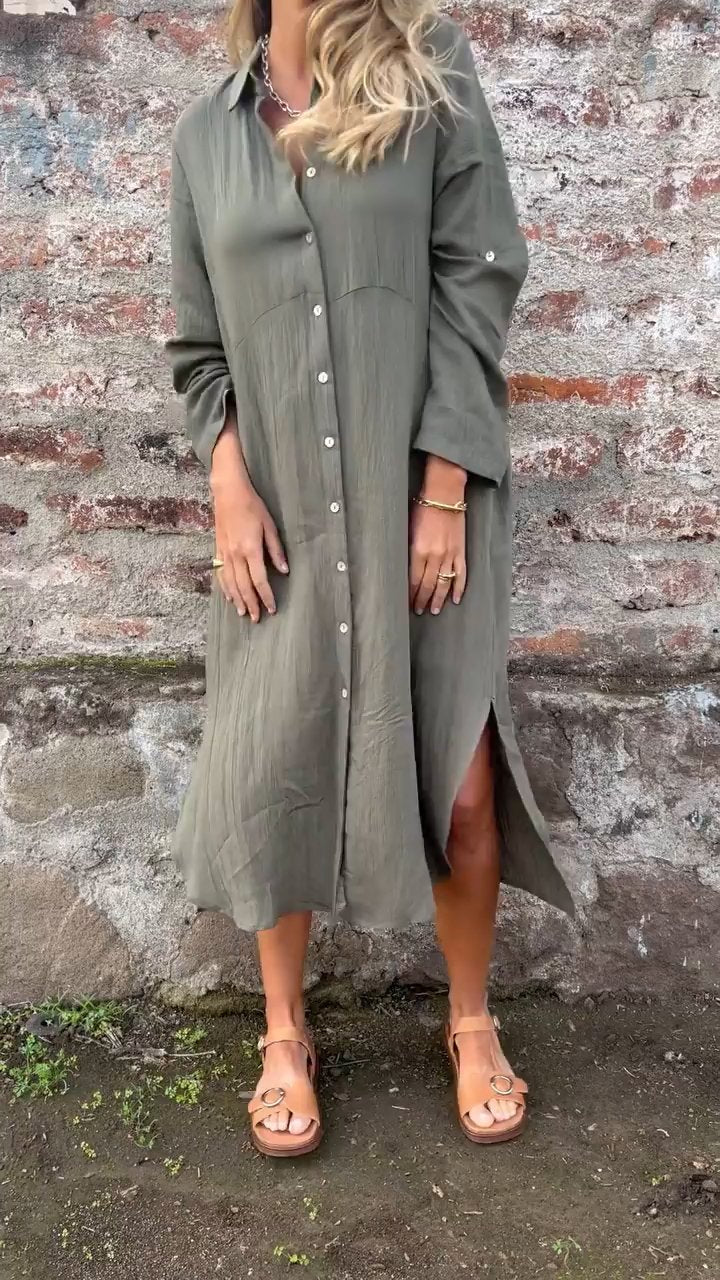 Solid Color Long Lapel Shirt Dress