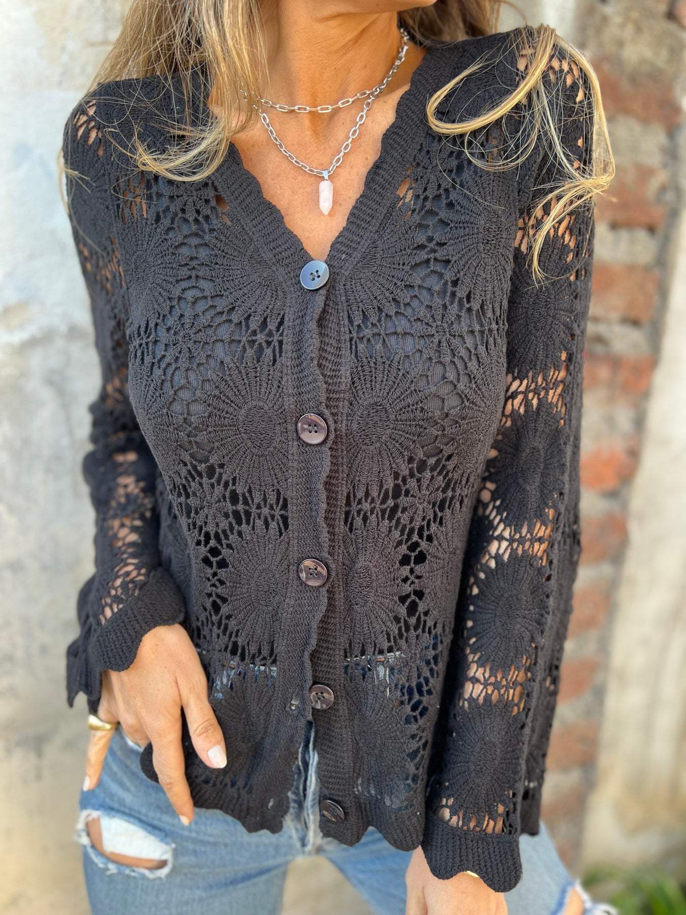 Women's V-neck Long-sleeved Hollow Knitted Cardigan Top