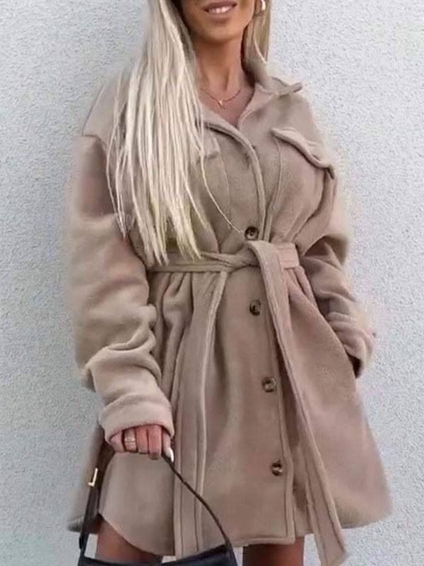 Women's Lapel Plush Waist Long Coat