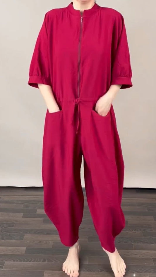 Women's Mid-long Sleeve Zipper Design Jumpsuit