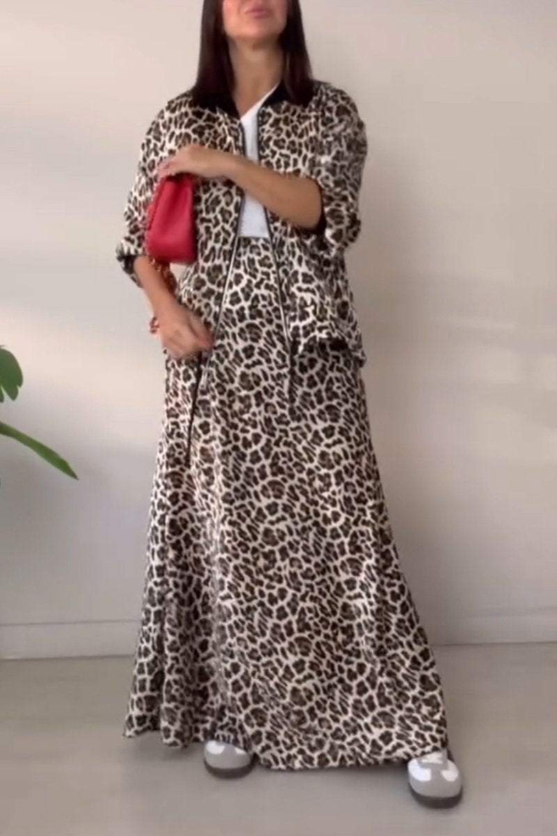 Women's Casual Round-neck Zipper Leopard Printed Two-piece Suit