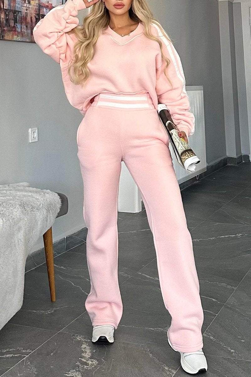 V-neck Long-sleeved Striped Design Casual Sweatshirt Suit