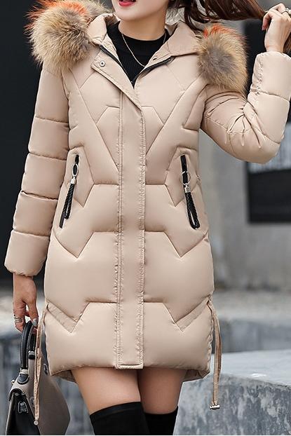 Women's Solid Color Thickened Mid-length Large Fur Collar Slim-fitting Cotton Coat