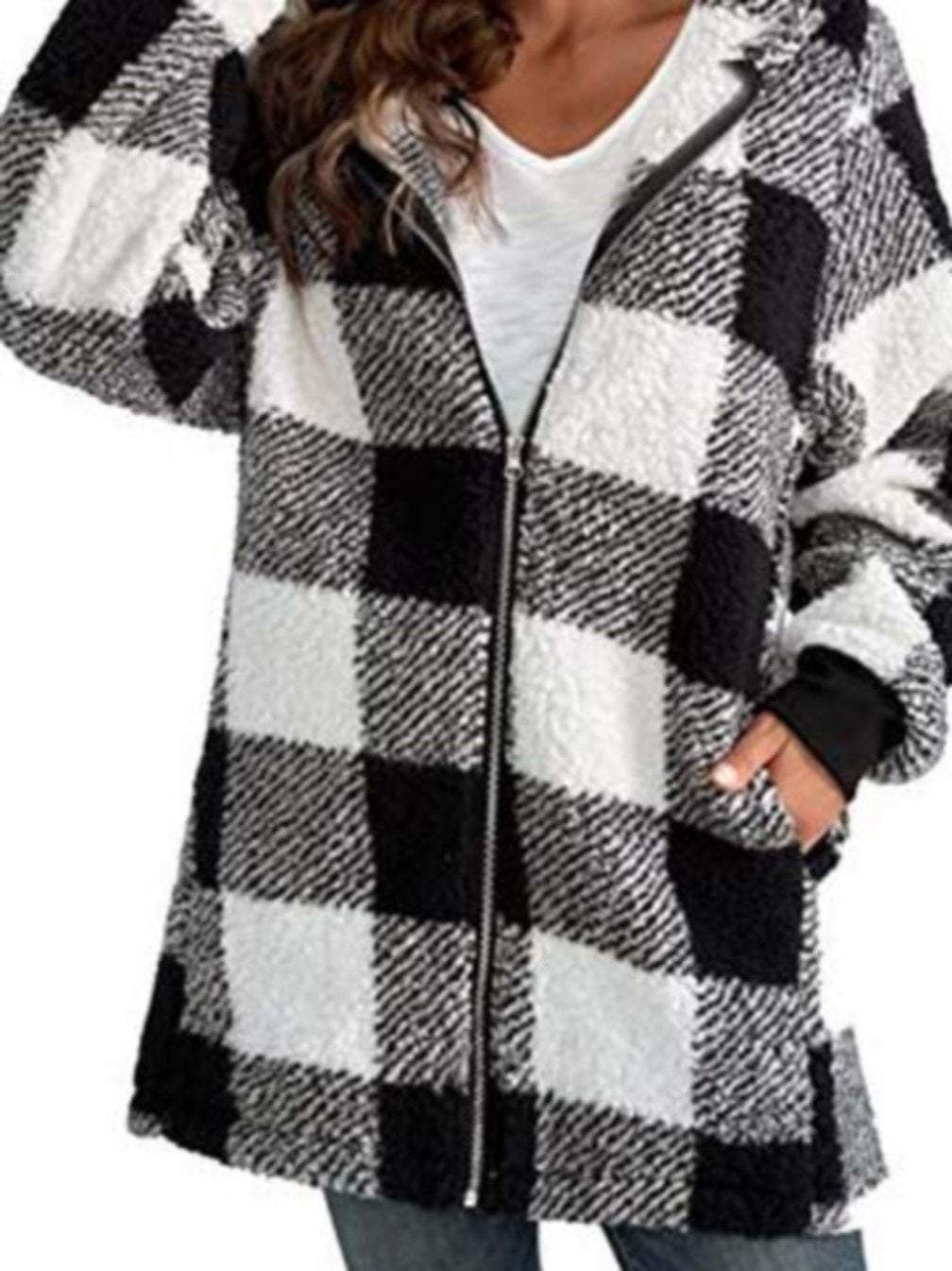 Women's Casual Long Sleeve Plaid Hooded Zip Jacket