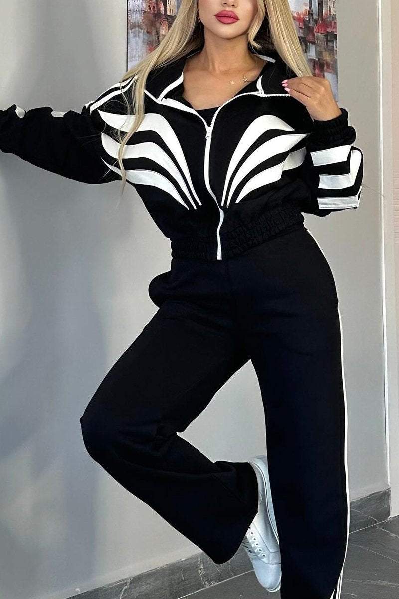 Women's Contrast Color Long Sleeve Pants Suit