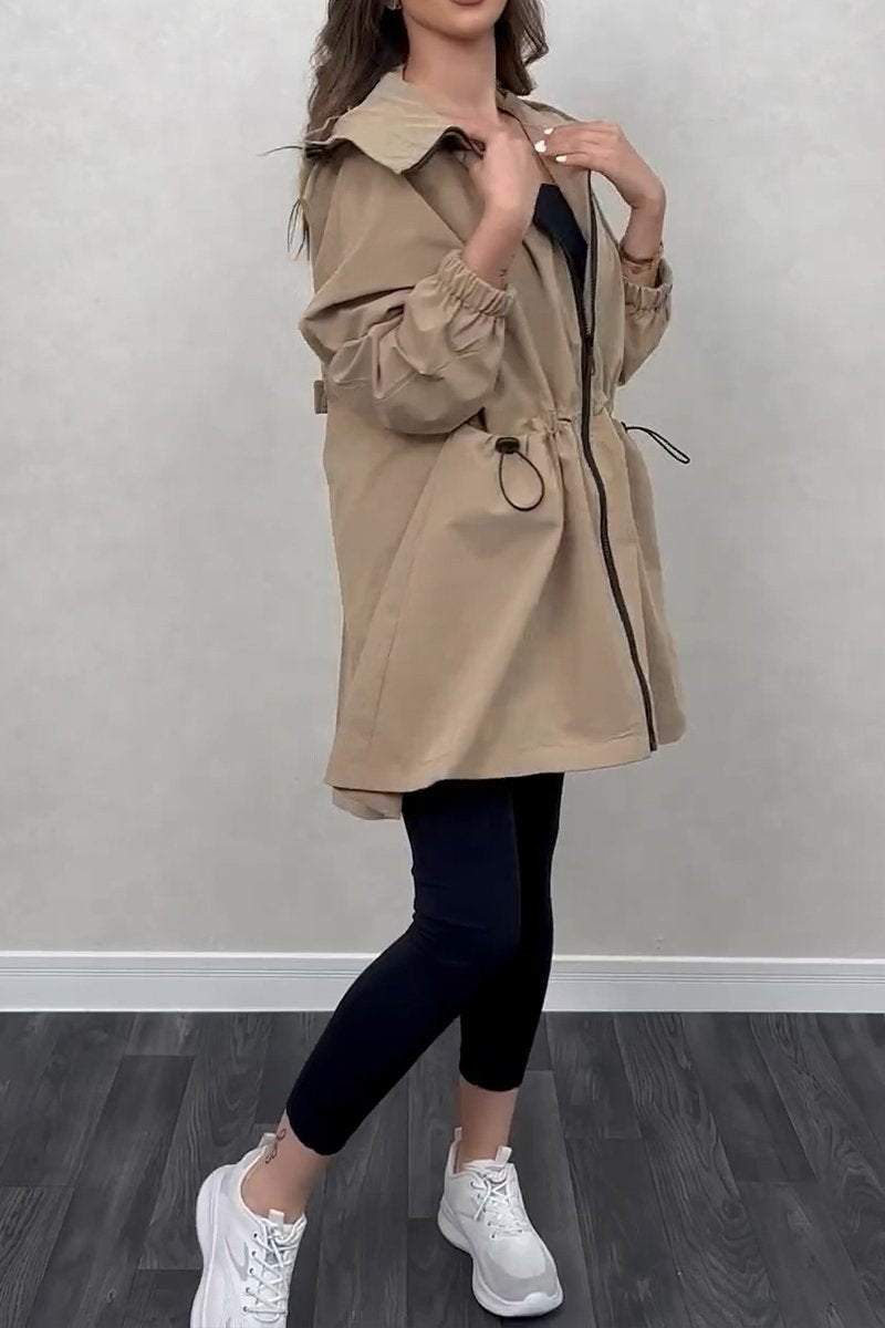 Women's Spring and Fall Solid Color Elastic Waist Trench Coat