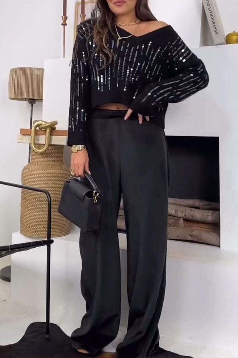 Women's Off-the-shoulder Sequined Top and Trousers Set