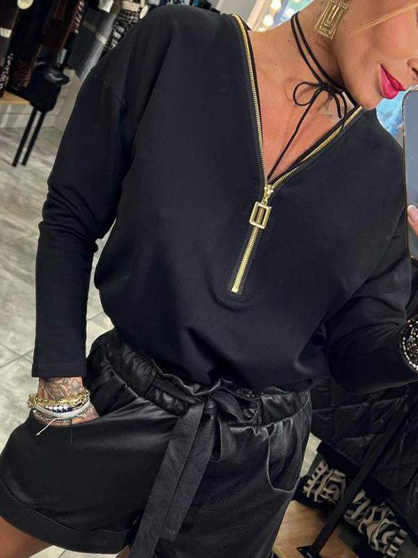 Women's V-neck Zipper Sexy Fashion Long-sleeved Top