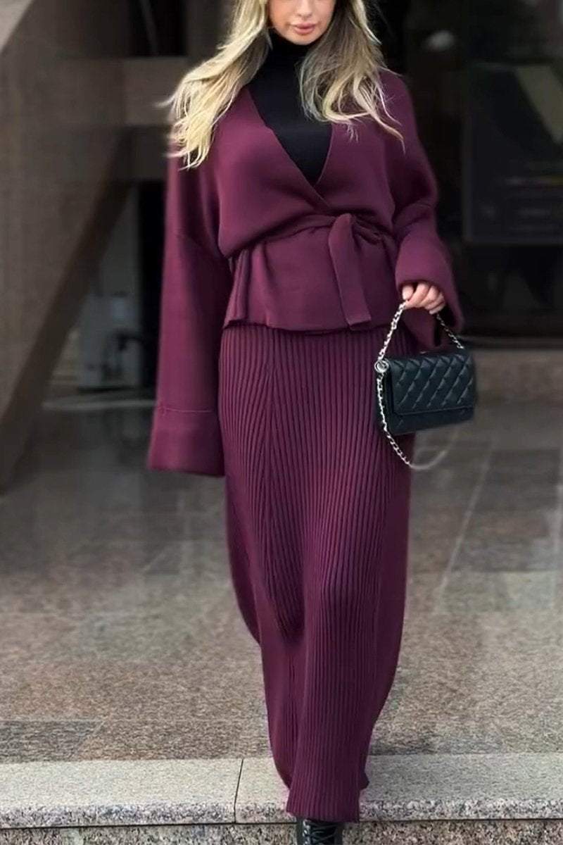 Women's Casual V-neck Solid Color Two-piece Suit