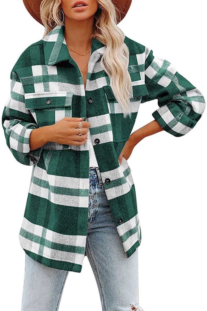 Women's Check Flannel Lapel Button Jacket