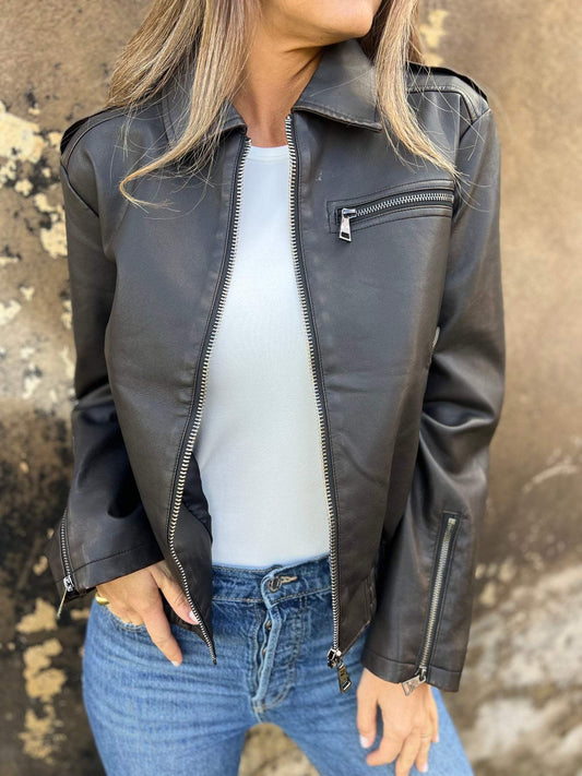 Women's Lapel Long Sleeve Casual Leather Jacket