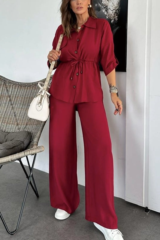 Women's solid color drawstring shirt and trousers set