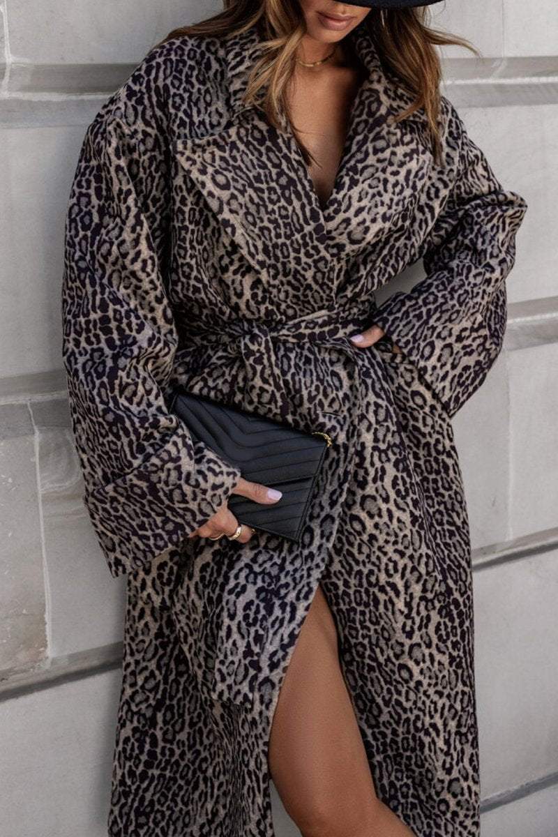 Women's leopard print long trench coat