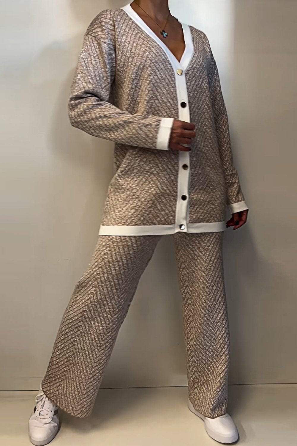 Women's Knitted Cardigan and Trousers Two-piece Set