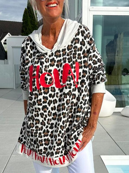 Women's Casual Hooded Leopard Print Pullover Sweatshirt