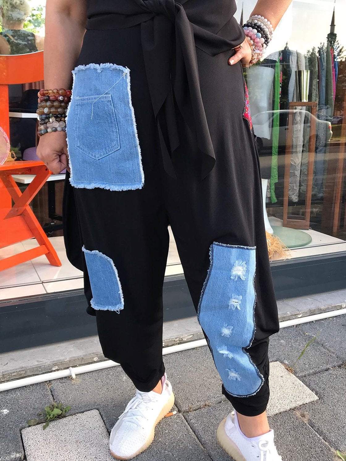 Women's Casual Denim Patchwork Pants Suit