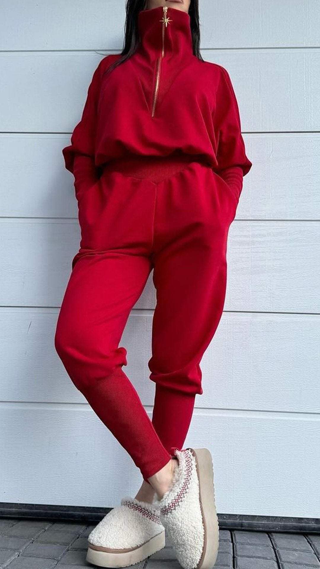 Ladies Lapel Half Zipper Long Sleeve Jumpsuit