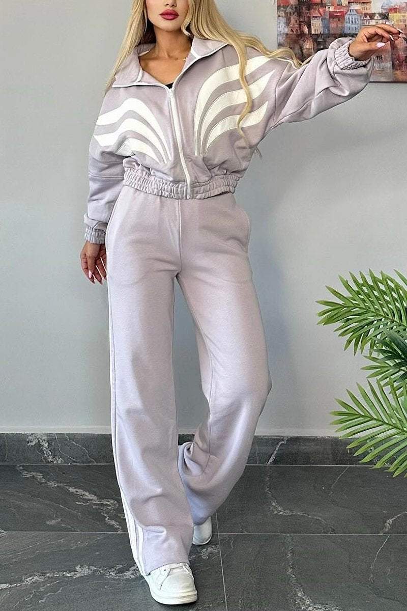 Women's Contrast Color Long Sleeve Pants Suit