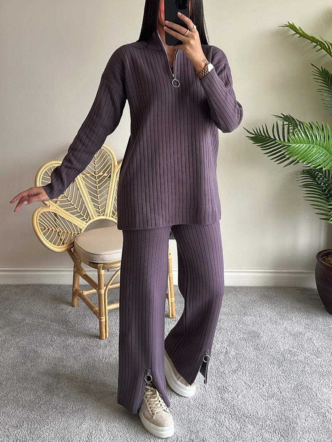 Autumn Solid Color Zipper Knitted Pants Suit