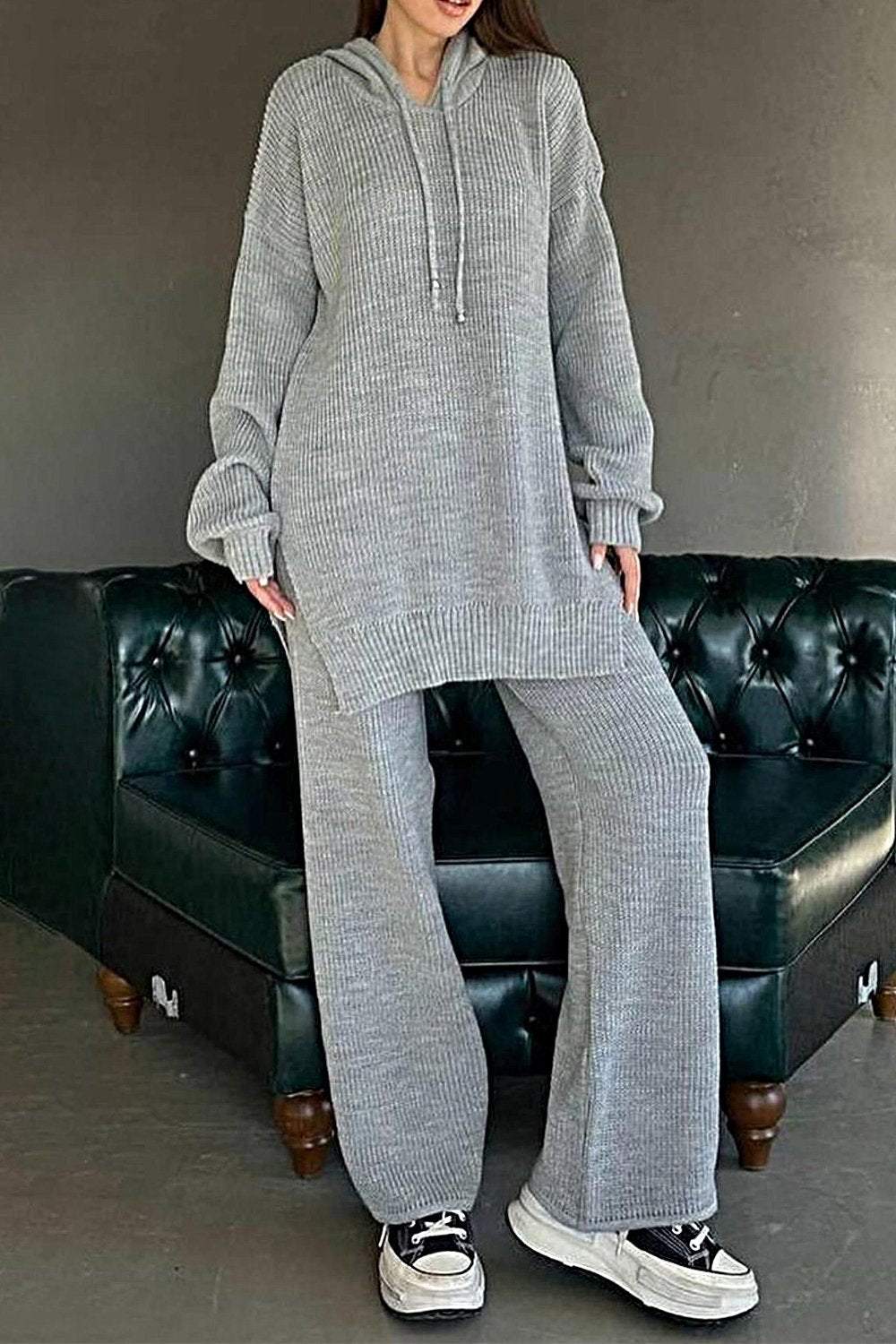 Women's Loose Knitted Hooded Top & Pants Two-piece Set