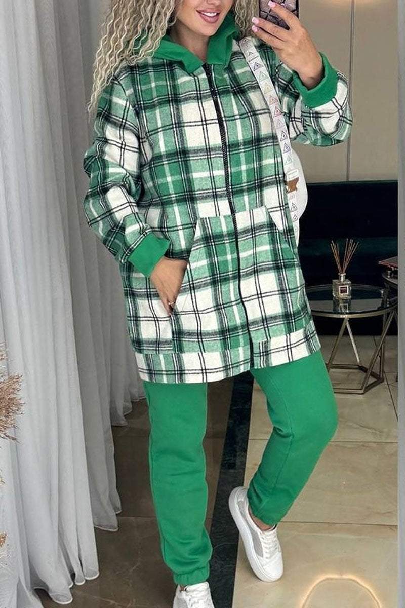 Women's Casual Plaid Print Long-sleeved Sweatshirt Two-piece Set