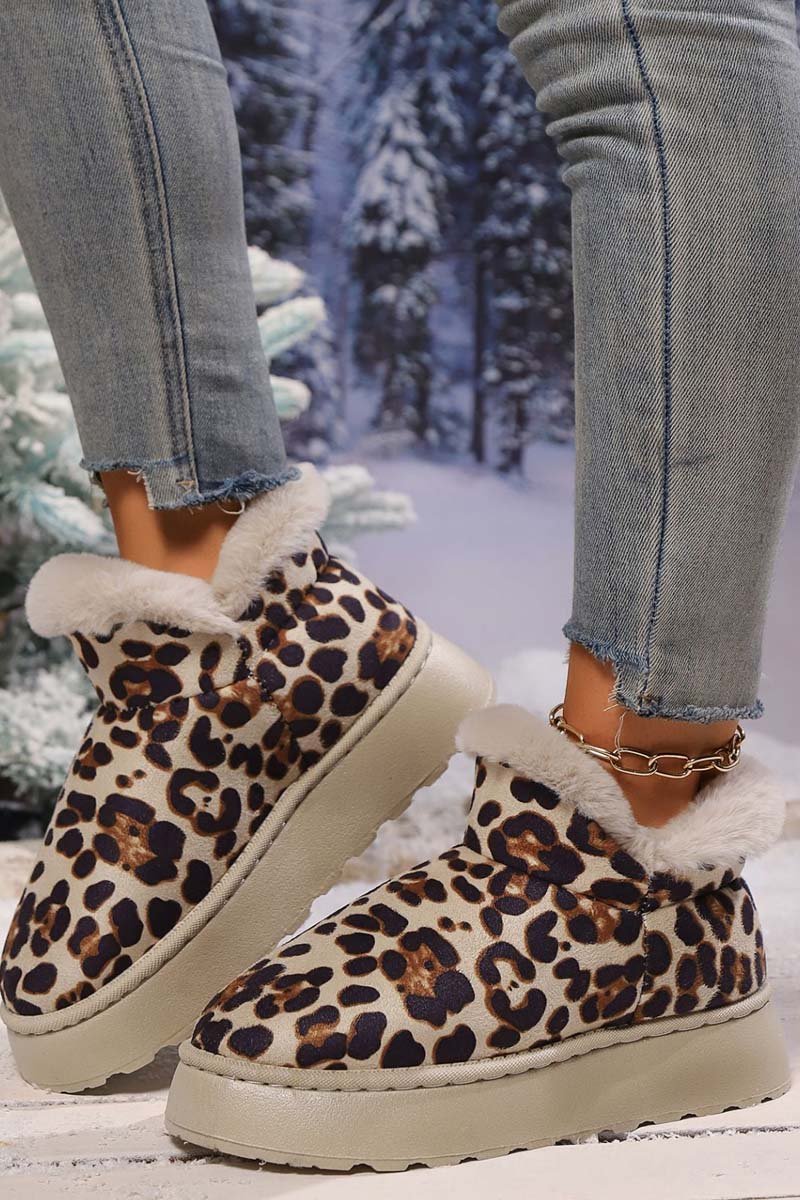 Women's thickened velvet round toe thick sole leopard print snow boots