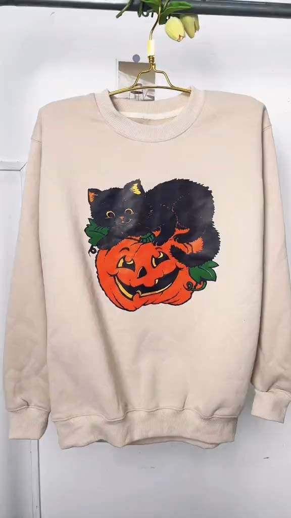 Halloween Women's Casual Pumpkin Cat Print Sweatshirt