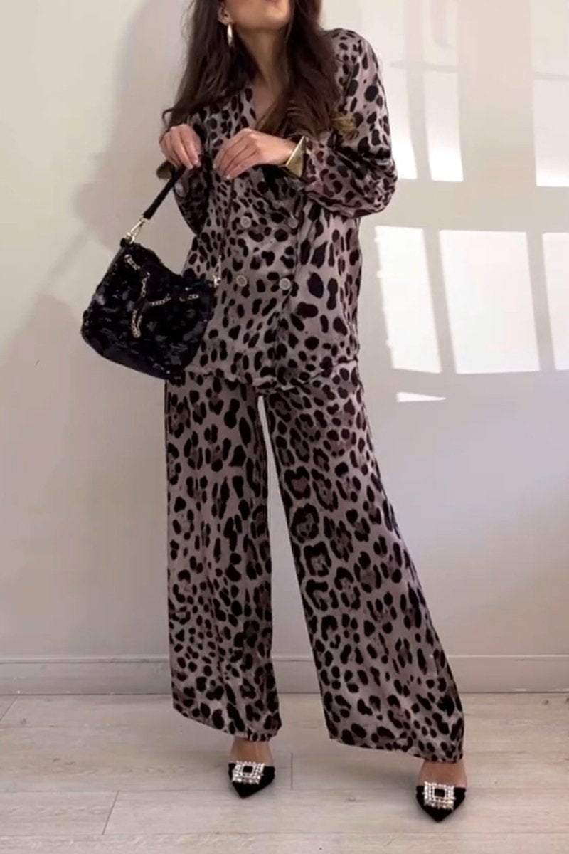 Women's Casual Lapel Leopard Printed Two-piece Suit