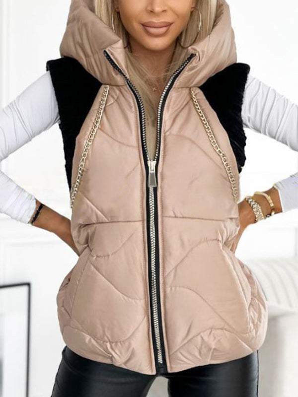 Women's Hooded Knitted Patchwork Sleeveless Casual Cotton Coat