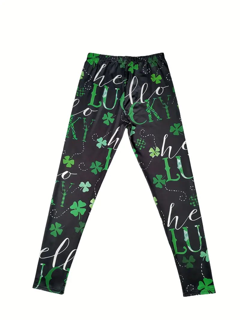 Women's Casual Elastic Waist Stretchy Clover Print Skinny Leggings