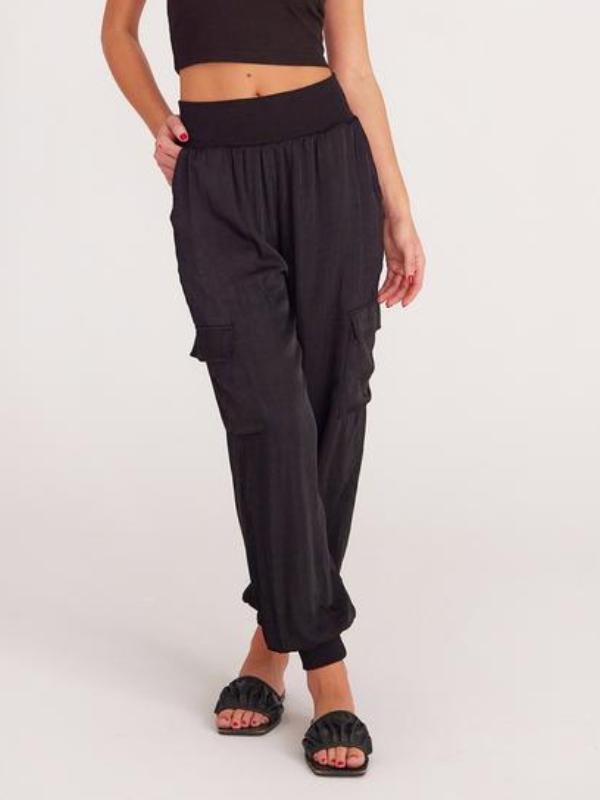 Casual Pocket Satin Elastic waist Pants